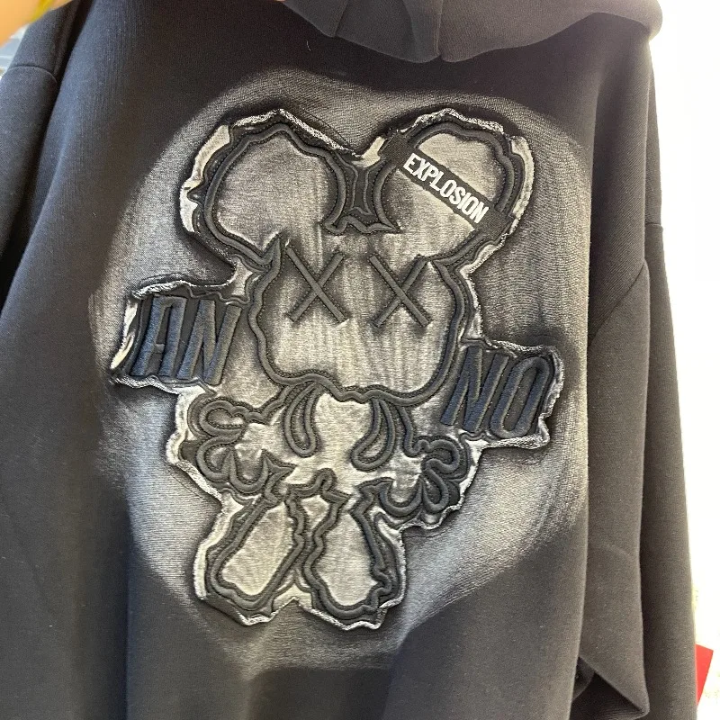 Fashion Ins Style Cartoon Hoodie Coat For Women's 2025 Autumn Winter Mid-Length Letter Top Black Zipper Long-sleeves Sweatshirts