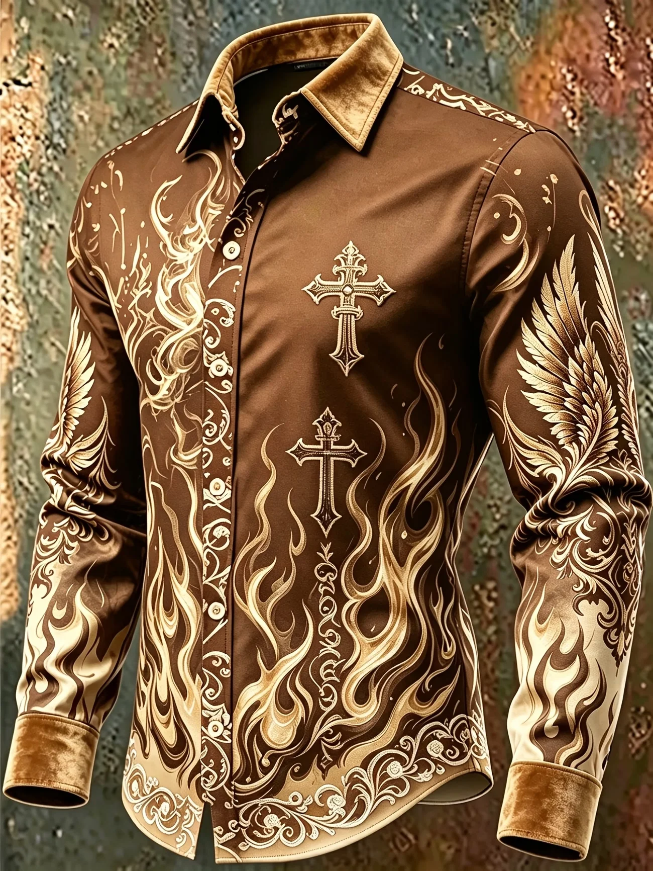 New Black Gold Gradient Peony Print Men's Long Sleeved Shirt, Light Luxury Business Casual Shirt Clothing