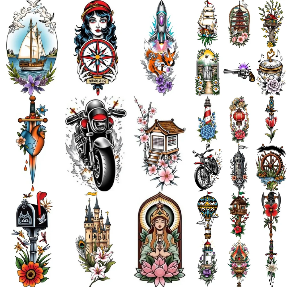 

28pcs Temporary Tattoo Buddha Waterproof Long-lasting Body Stickers Drum Sailing Ship New School Traditional Pagoda For
