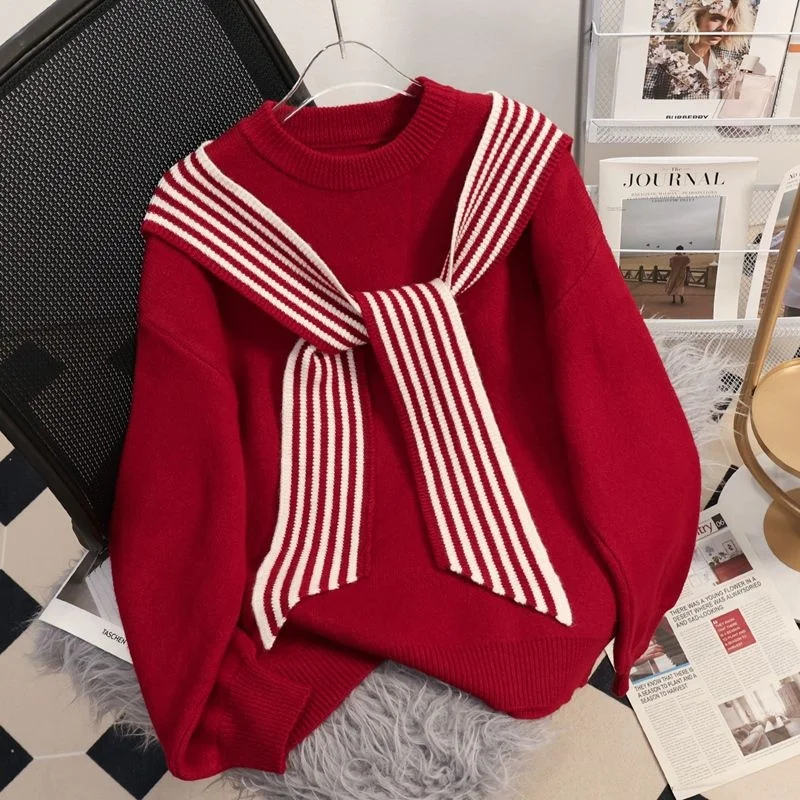 

Ele Stripe Sweater awl Women's Faionable Knitted Red Sweater Autumn Winter Soft Loose Fit Daily Commute Sle Warmth