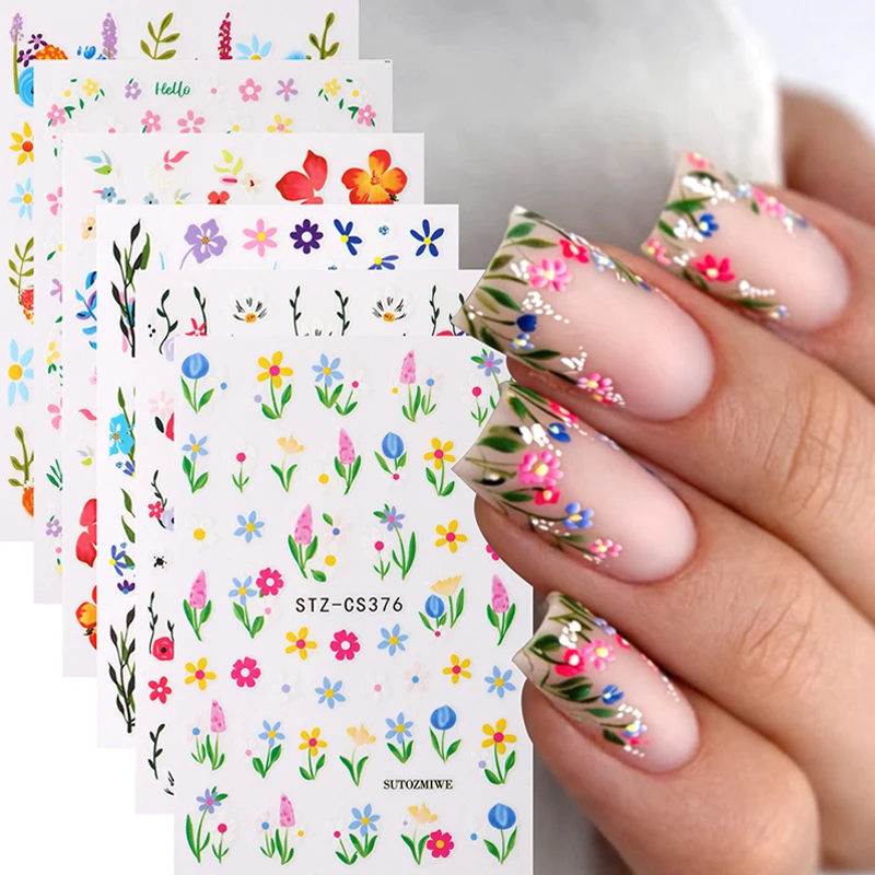 2/6 Stück Bunte Wildblumen-Nagelaufkleber Aquarell-Blumen Einfache Gänseblümchen Rosen Blätter Slider-Aufkleber Selbstklebende Deko-Maniküre