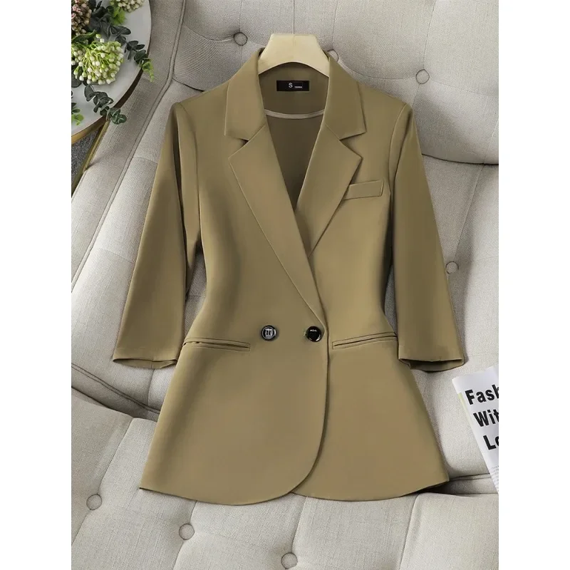 Spring Summer Women Ladies Blazer White Green Yellow Black Coffee Female Half Sleeve Solid Formal Jacket Coat