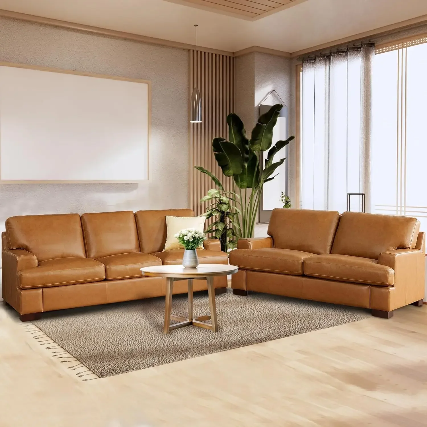 Leather Sofa for Living Room Luxurious Comfort Goose Feather Cushion Filling Square Arm Design Sturdy Block Legs Tan