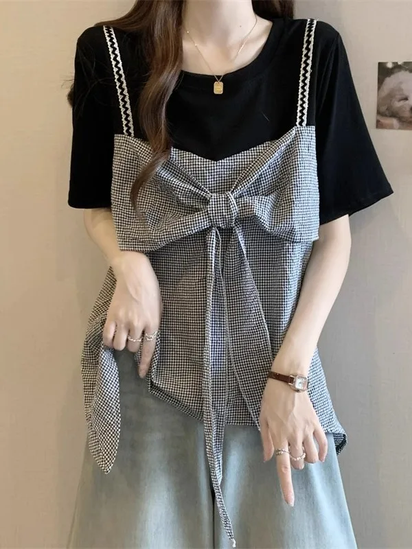 

Summer Plaid Splice ort Sve T-irt Women's plus Size Knot Top Conceal Meat Slimming Korean Sle Casual Wear