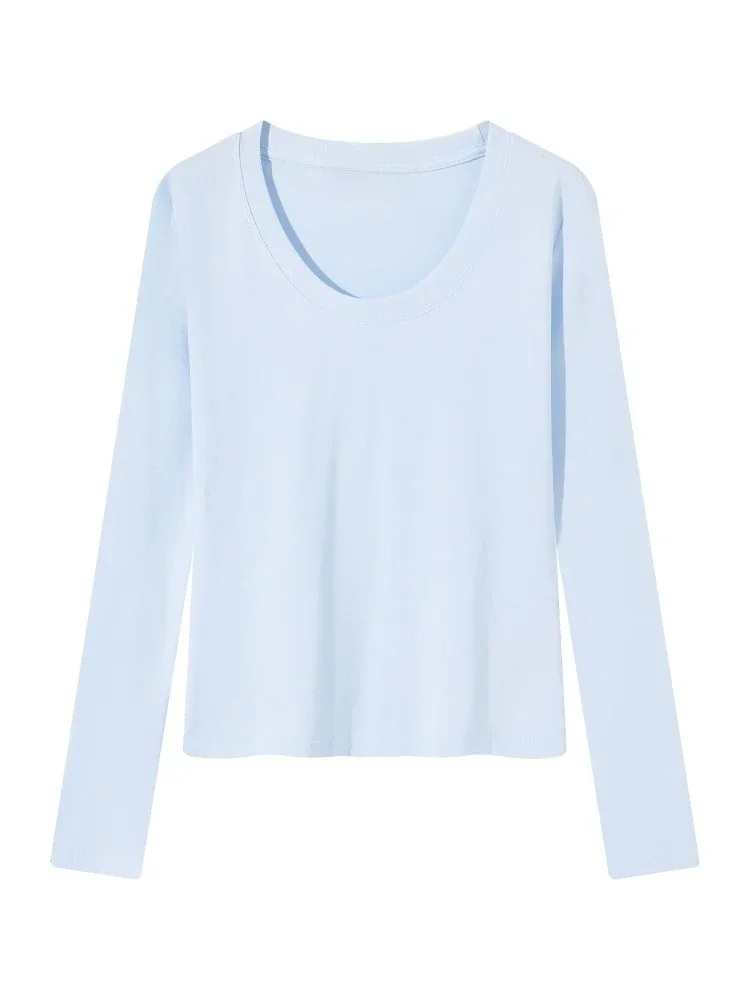 Koreanischer Stil Damen Herbst T-Shirt Langarm U-Ausschnitt Minimalistisches Einfarbiges Weiches Schlankes Basic-Layering-Oberteil Lässiges Strick-Top – Detail 2