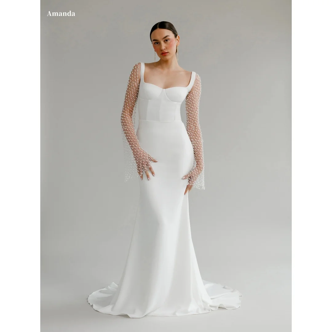 

Amanda Customized White Pearls Long Sleeves Prom Dress Strapless Mermaid vestidos de noche Floor-Length Formal Evening 2025