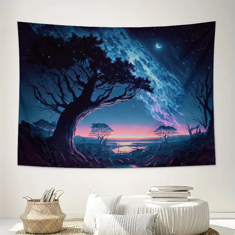 نسيج حائط مذهل مع شجرة كونية وديكور منزلي ليلي مرصع بالنجوم لغرفة المعيشة أو غرفة النوم مقاس كبير جدًا (80 × 60 بوصة) #2
