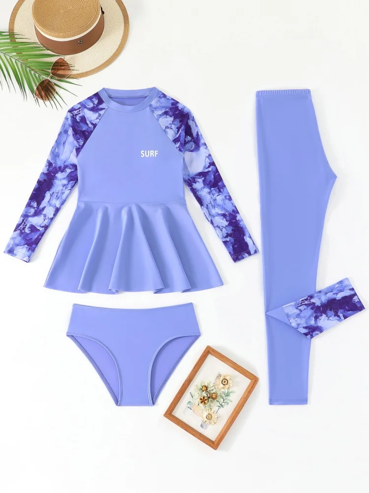 Girls Kids Swimsuit 2026 New Purple Tie Dye Long Sleeves Dress Children Swimwear Summer Trousers 3 Piece Beachwear Bathing Suits