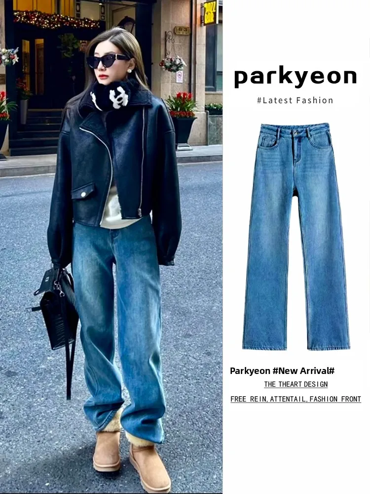 

High Waist Thickened Fleece Women's Straight Leg Jeans Slim Fit Long Pants Autumn Winter Fashion plus Size Parkyeon Brand