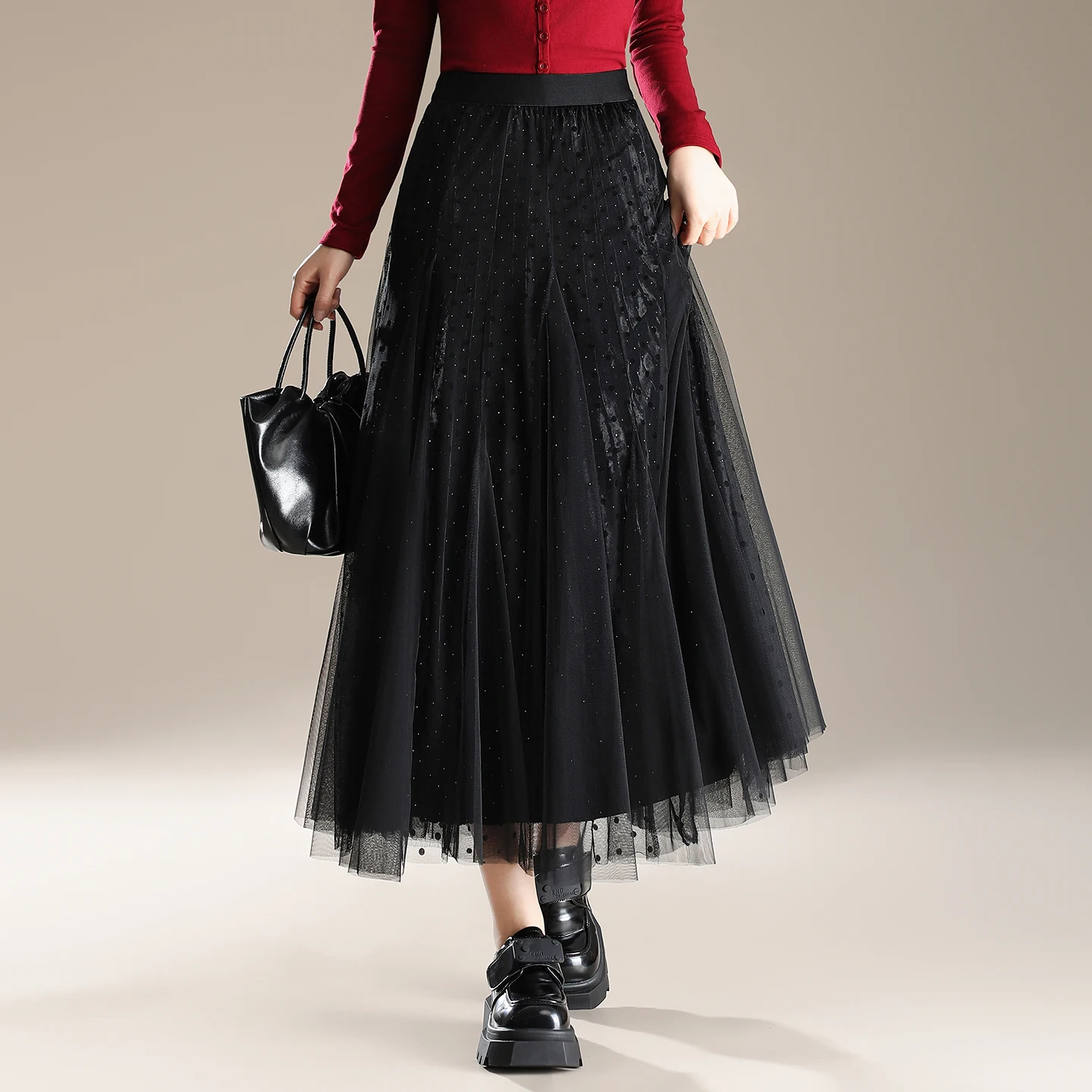 

Бархатная юбка-миди А-силуэта с панелями и широким подолом для женщин, осенне-зимняя, с высокой талией, струящаяся, с бриллиантовой отделкой E...