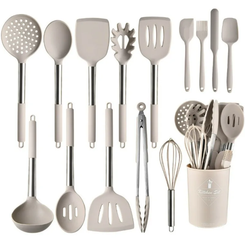 Factory Direct 2026 Kitchen Utensils Stainless Steel Handle Silicone Kitchenware 15-Piece Set with Storage Bucket Cooking Scoop