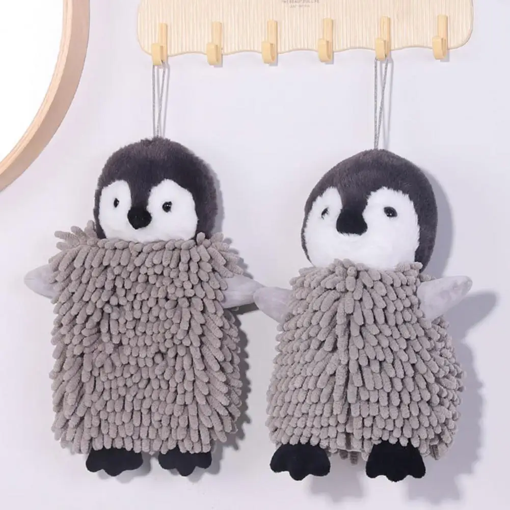 Accesorio de baño para niños, juego de toallas de mano con bonito pingüino para niños y adultos, toallas absorbentes de bola de chenilla para cocina y baño suaves
