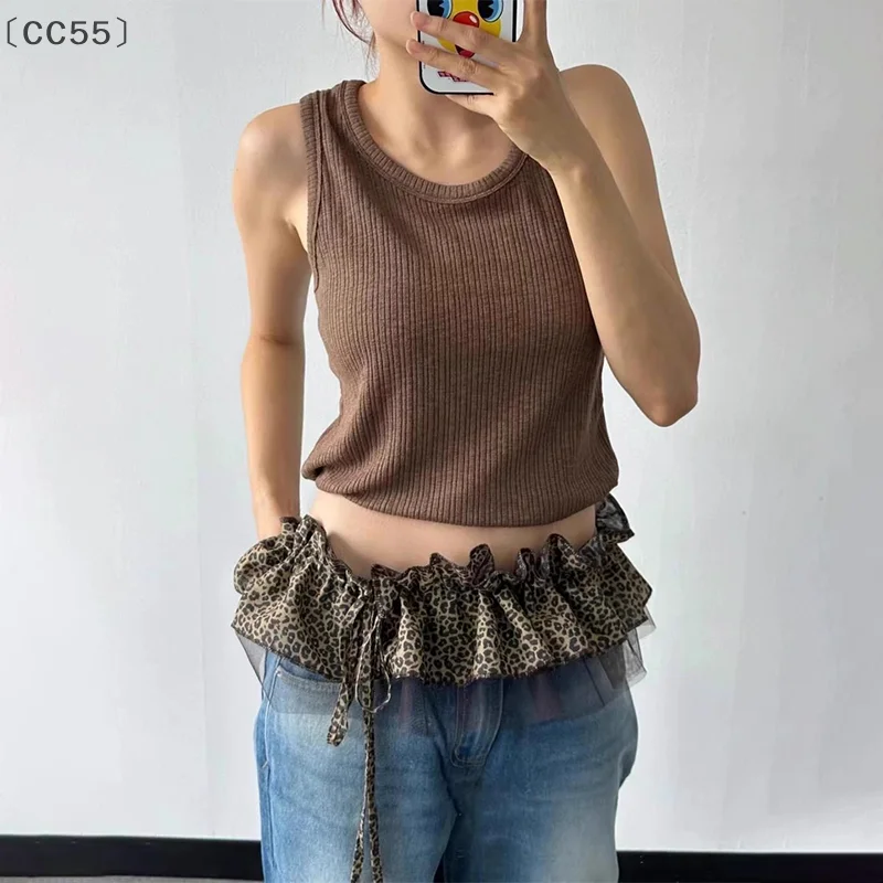 [CC55」 أزياء ريترو ليوبارد طباعة شبكة حزام المرأة شيك الدانتيل تكدرت طبقات تنورة الخصر
