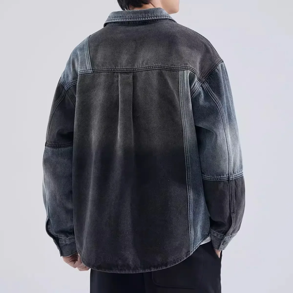 سترة الدنيم الأمريكية الرجعية تقسم، الرجال الربيع والخريف العلامة التجارية الجديدة العصرية فضفاضة عارضة قميص، الأدوات سترة أعلى