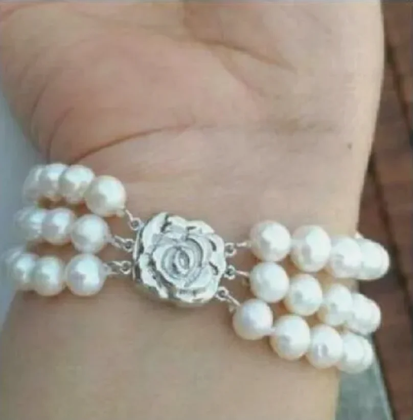 

Customized Jewelry 3 ROW AAAA 8-9 MM NATURAL ROUND WHITE SOUTH SEA PEARL BRACELET 925s