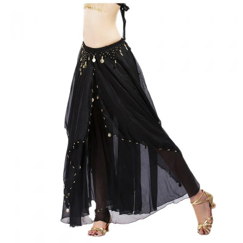 Women Belly Dance Long Skirt with Coins Chiffon Belly Dancer Costumes Layered Skirt Party Festival Costume