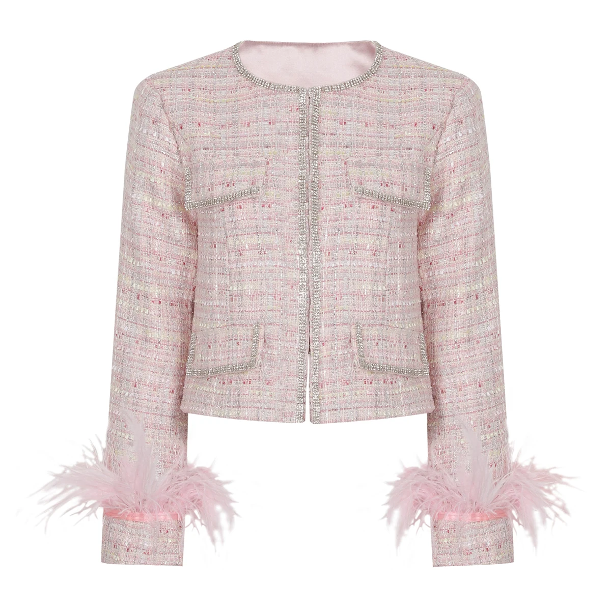 

2641 Spring And Autumn New Style Fashionable Temperament Ladies Feather Heavy Duty Nail Diamond Top Cardigan Coat Women