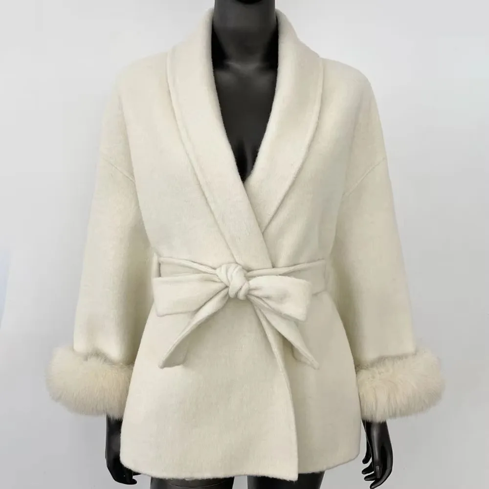 سترة صوف للنساء موضة شتاء 2024 بياقة من فرو الثعلب الطبيعي سميكة دافئة من الكشمير معطف صوفي مزيج موضة معطف فرو حقيقي للخريف #3