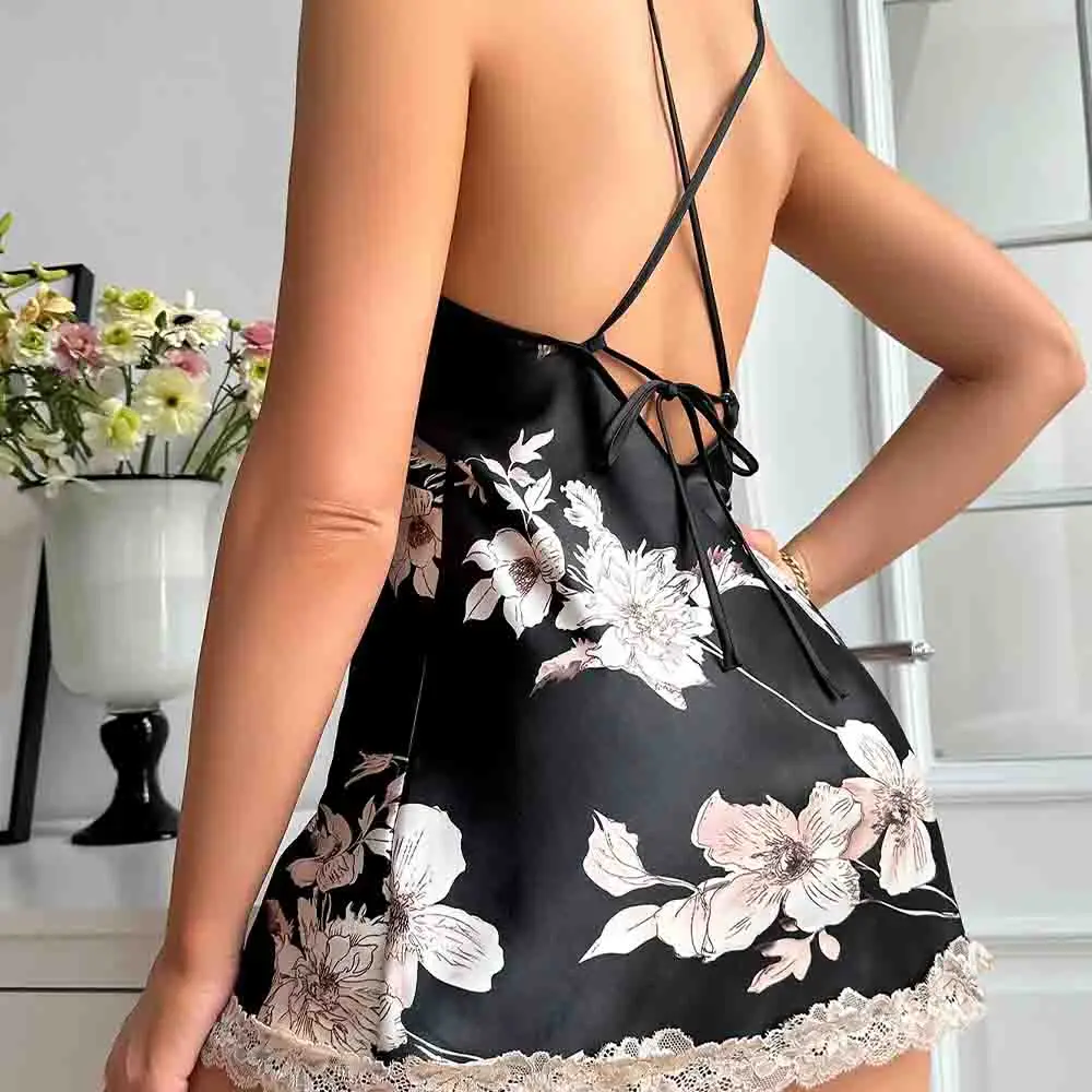 New Ice Silk Sleeping Skirt Thin Short Skirt Women's Home Wear Imitation Silk Printed Dress Fashion Pajamas Summer New Style - view 3
