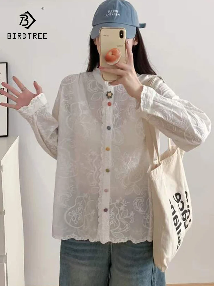 

New 2026 Spring Cotton Long Sleeve Shirt, Women Stand Embroidery Colorful Buttons, Mori Girl French Chic Loose Blouse T5D849CC