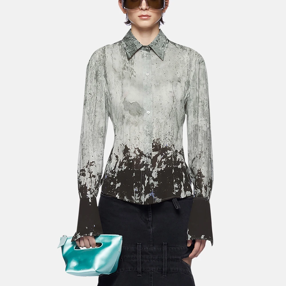 

Casual Shirt with Ink Painting Printing for Women,Fashion Versatile,Single Row Button,Long Sleeve Blouse,Spring Top,New,Y2k,2024