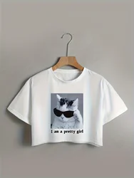 Cool Cat & Letter Print Crop T-Shirt Casual Crew Neck Short Sleeve T-Shirt for Spring & Summer Women's Clothing