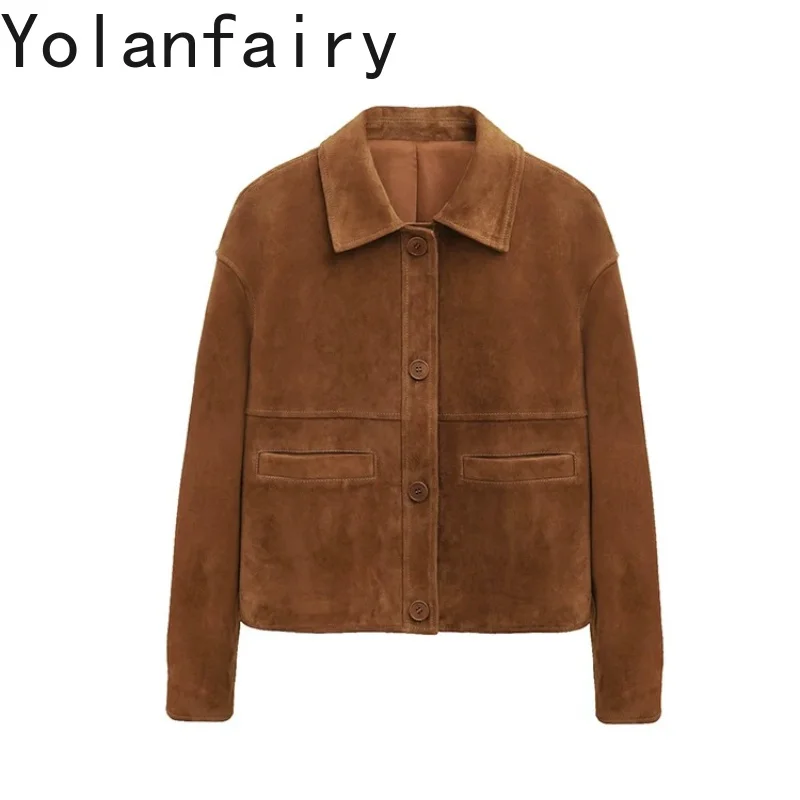 YOLANFAIRY Luxury Suede Sheepskin 100% Genuine Leather Jacket Women 2026 Short Fashion Real Leather Coat Woman Clothing chaqueta