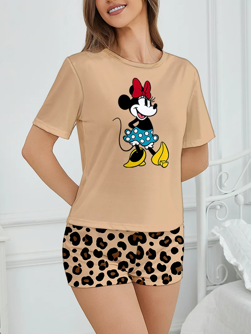 

Женский комплект из 2 предметов: топ с короткими рукавами и шорты с милым леопардовым принтом в стиле Дисней, ночная одежда, домашняя одежда