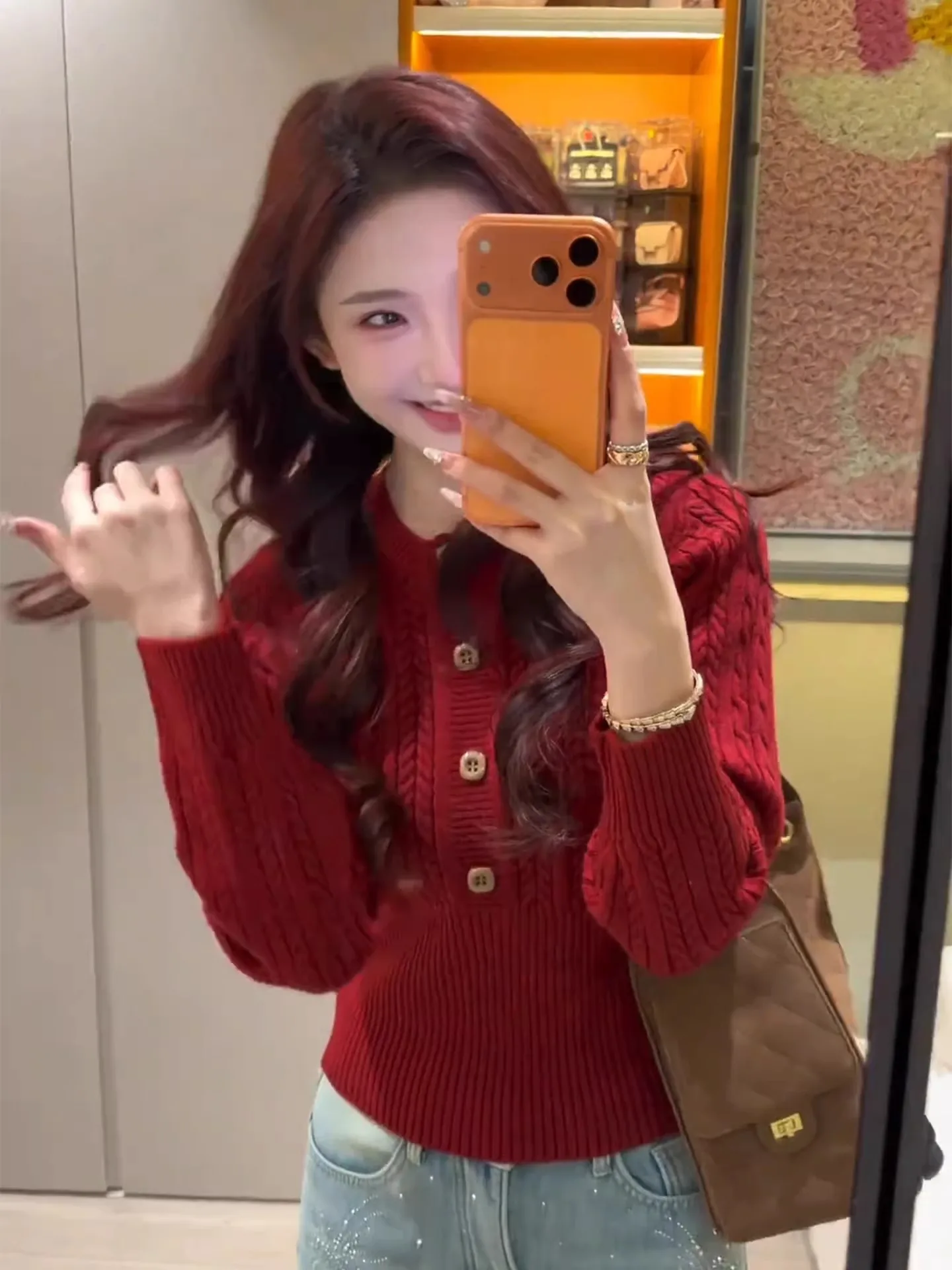 

Korean Sle Women's Long Sve Knitted Base irt ort Version Inner Wear Red Twist Spring Autumn Winter Outerwear Top