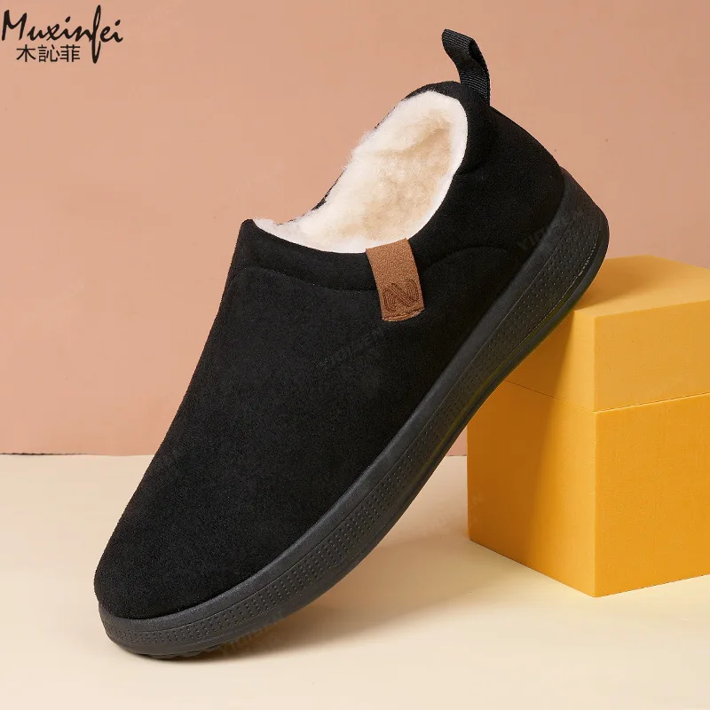 Winter New Warm and Anti Slip Soft Soled Cotton Shoes with Added Fleece Wool Cotton Shoes with Thickened Fleece for Men