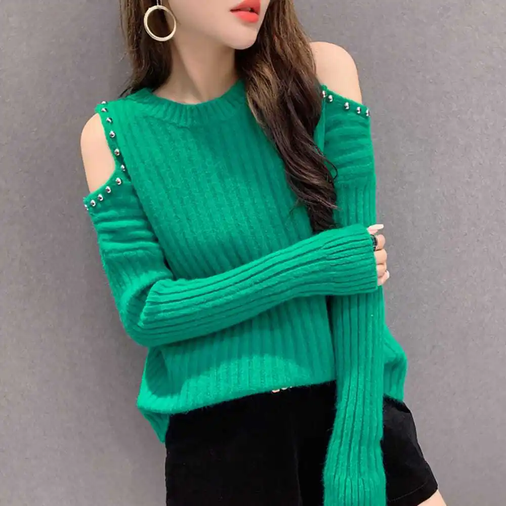 Beading Female Pullover Off Shoulder Knitted Sweaters for Women Round O Neck Green Clothing Sales Smooth Harajuku Korean Fashion