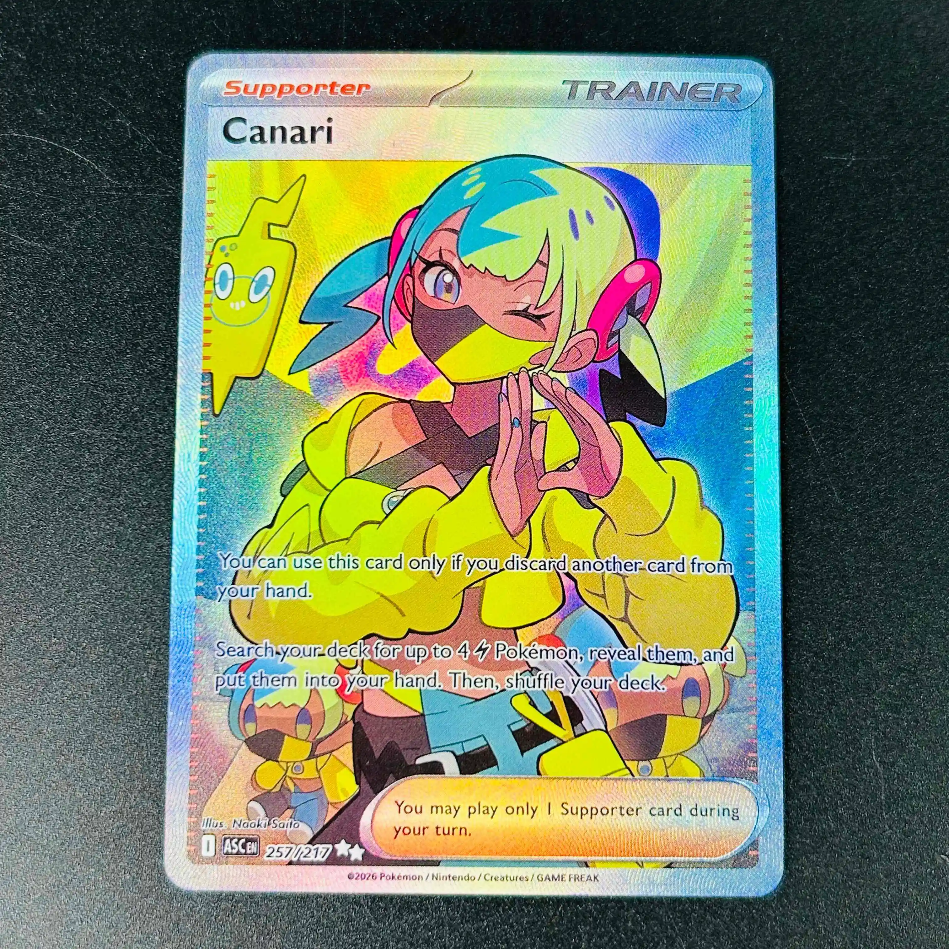 Tarjeta Coleccionable Pokémon 2026 English Canari Trainer Full Art Holo DIY Texturizada - Edición Menta Rara