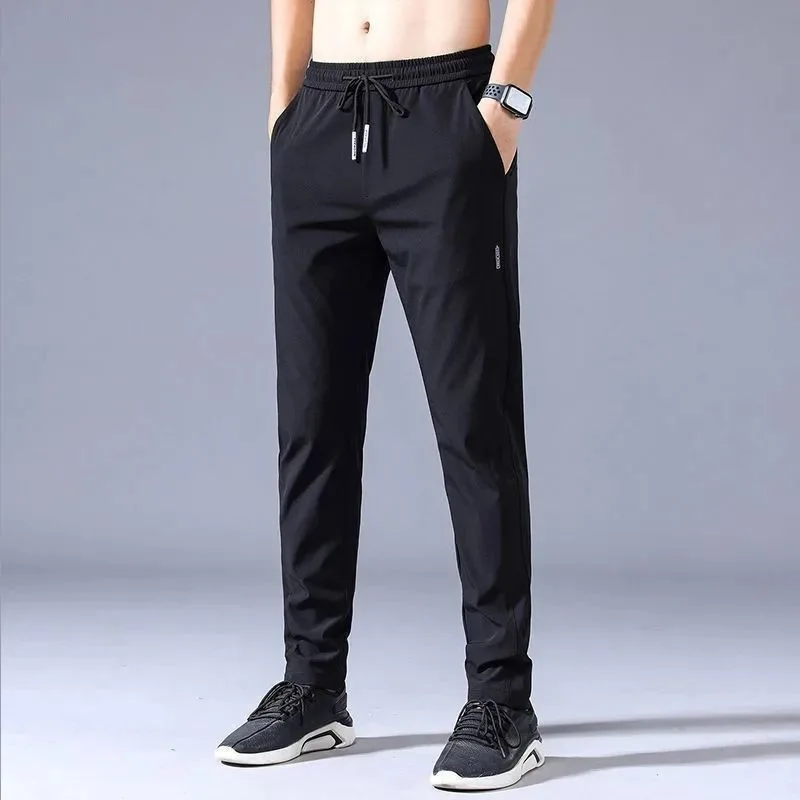 Summer Men\'s Ice Silk Pants Drawstring Business Casual Pants Comfortable Breathable Elastic Straight Leg Sports Pants 2024 New