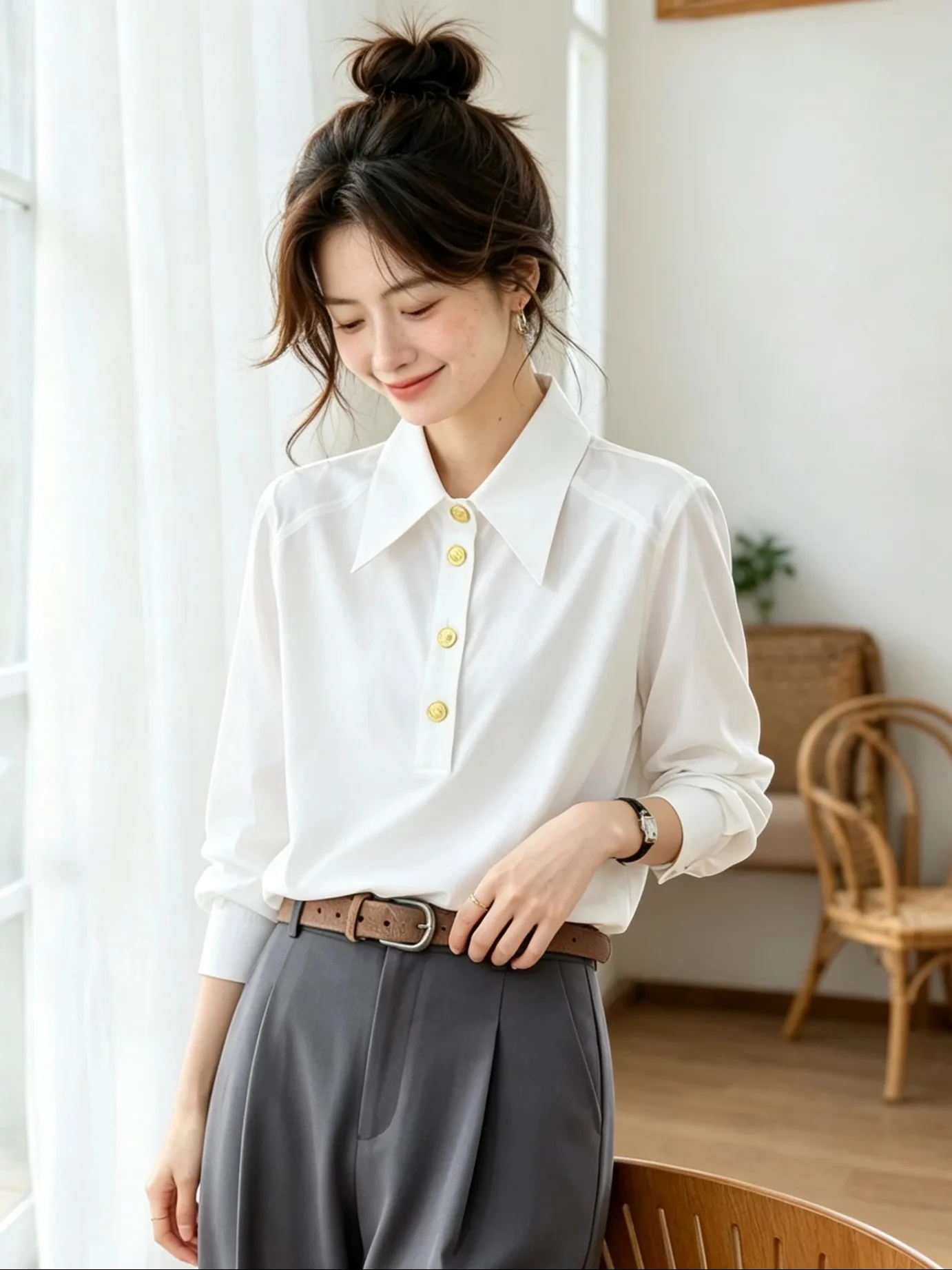 White  Collar Long Sleeve Women's Shirt Professional Commute Style Regular Fit Polyester Fiber Autumn New Arrival