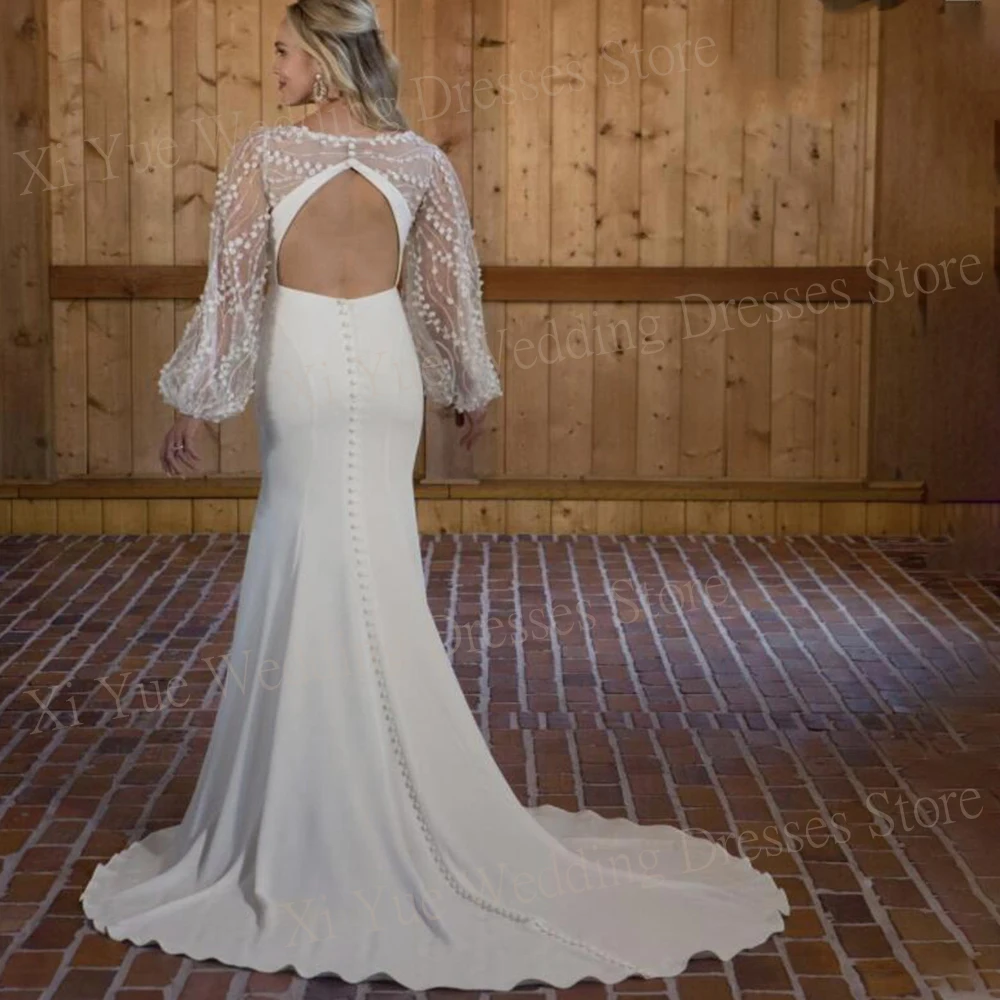 Sexy Deep V-Neck Mermaid Generous Wedding Dresses Lace Long Puff Sleeve Bride Gowns Backless Stain Custom Made Robe De Mariee