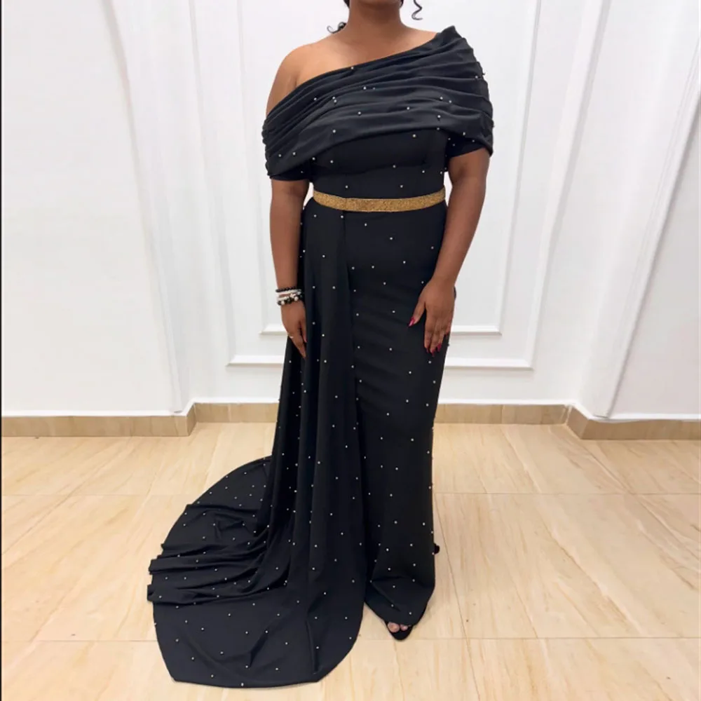 

Customized A-Line Prom Dresses Floor-Length Off The Shoulder Sleeveless Evening Gown Fashion Beading Sashes Draped Party Gown