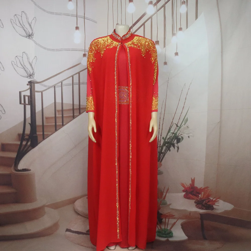 Neu eingetroffen: Afrikanisches zweiteiliges Kleid für Damen, elegantes Luxuskleid mit Strass für die Kirche – Detail 9