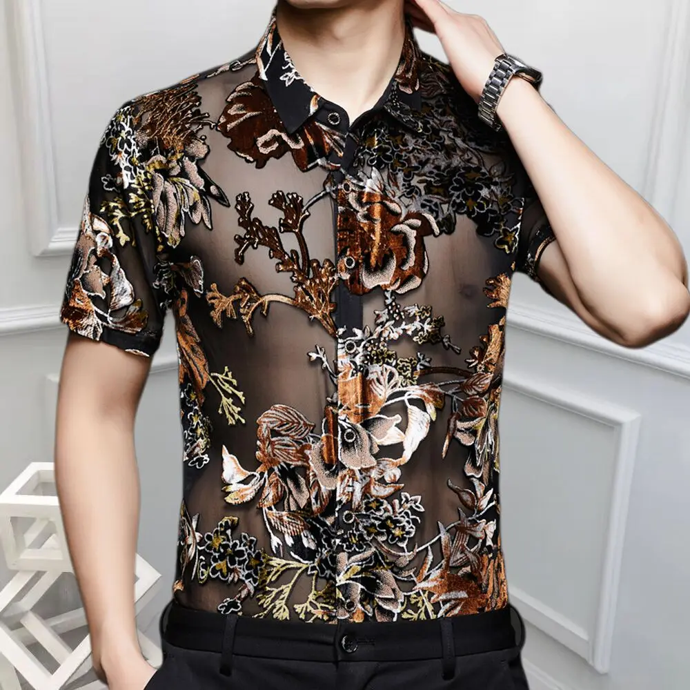 2025 New Flower See Through Shirt Paisley Pattern Short Sleeve Summer Sexy Prom Transparent Shirt Camisa Masculina Chemise Homme