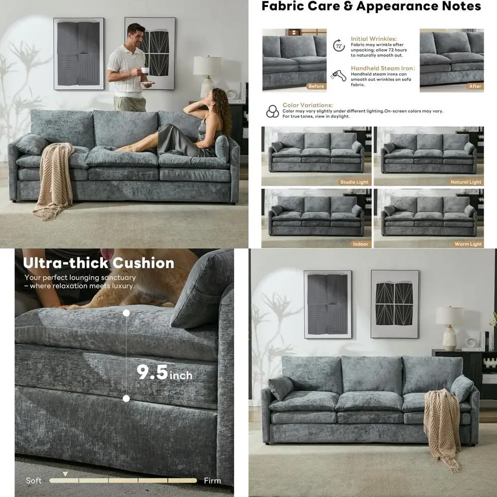 أريكة سحابة حديثة بثلاثة مقاعد مع وسائد مقعد زنبركية، تنجيد مريح وناعم، أغطية قماش شانيل قابلة للإزالة، بيل للذراع #1