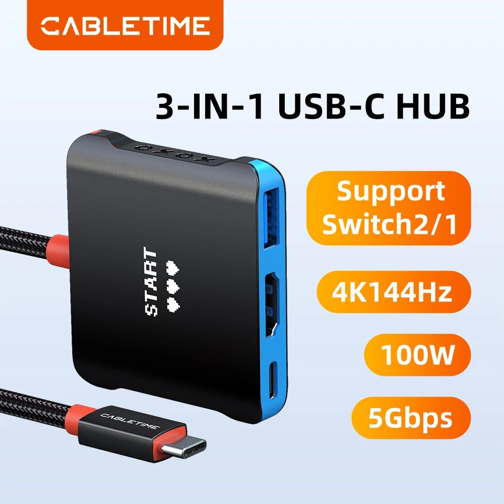 

CABLETIME 3-в-1 док-станция-концентратор для Switch 2, портативный ТВ-хаб 4K 144 Гц, PD100W, высокоскоростная замена док-станции 5 Гбит/с для Switch и Steam Deck
