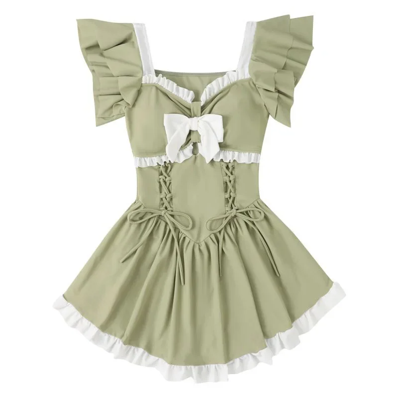Ins Style Sweet Cute Green Swimsuit women summer Conservative Swimwear One Piece Suits Vacation Beachwear Princess Skirts