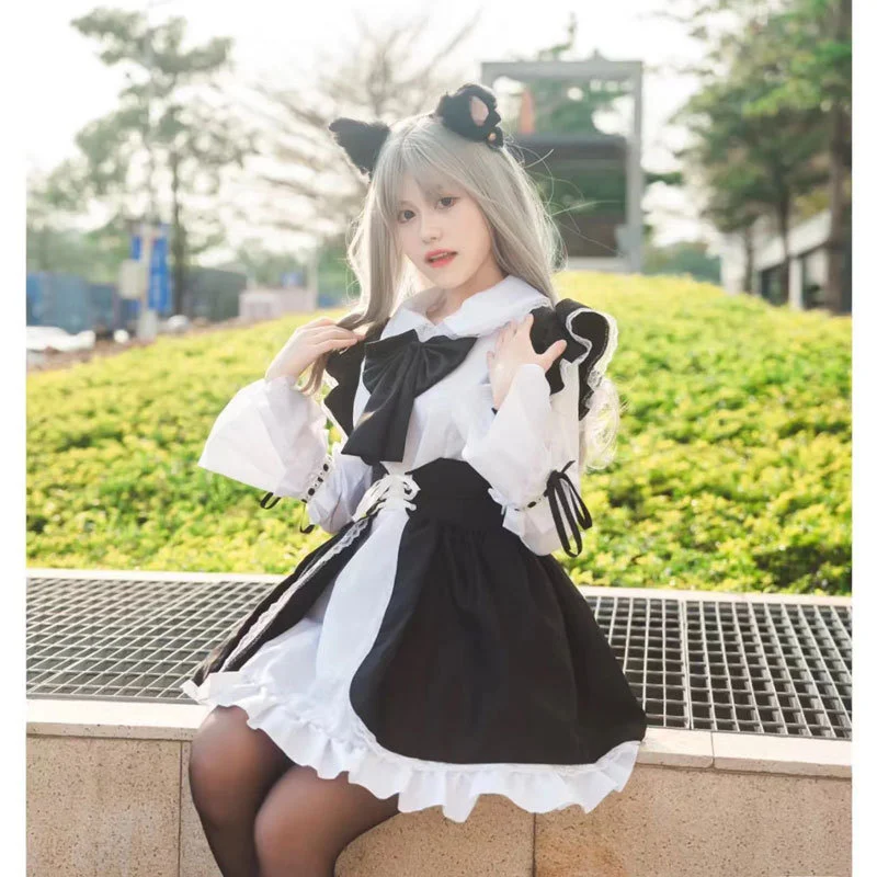 Robe de soirée de carnaval coréen pour hommes et femmes, jupe à nœud sexy, fille chat, dentelle noire et blanche, uniforme de femme de chambre Lolita Kawaii, ensemble lapin