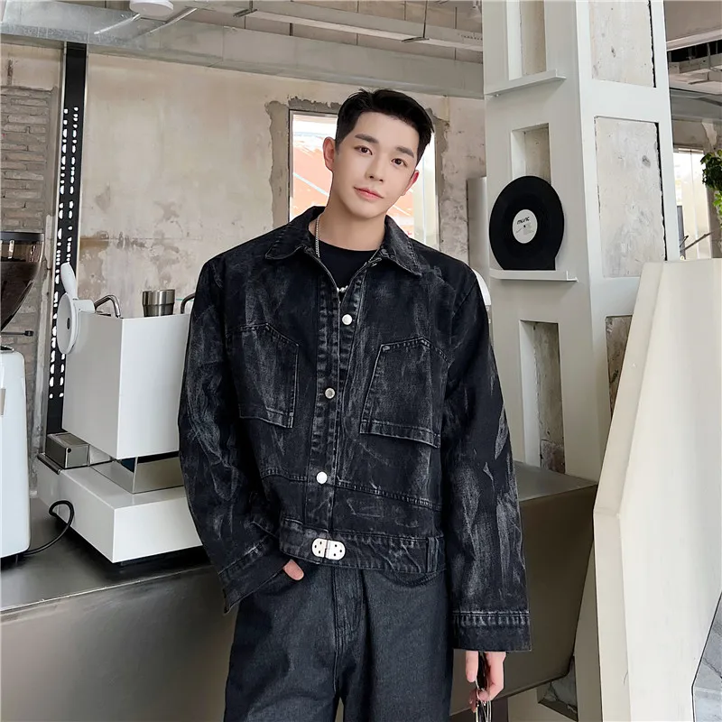 

Куртка-жакет мужская в корейском стиле, джинсовая, с эффектом потертости, универсальная, с наплечниками, для повседневной носки