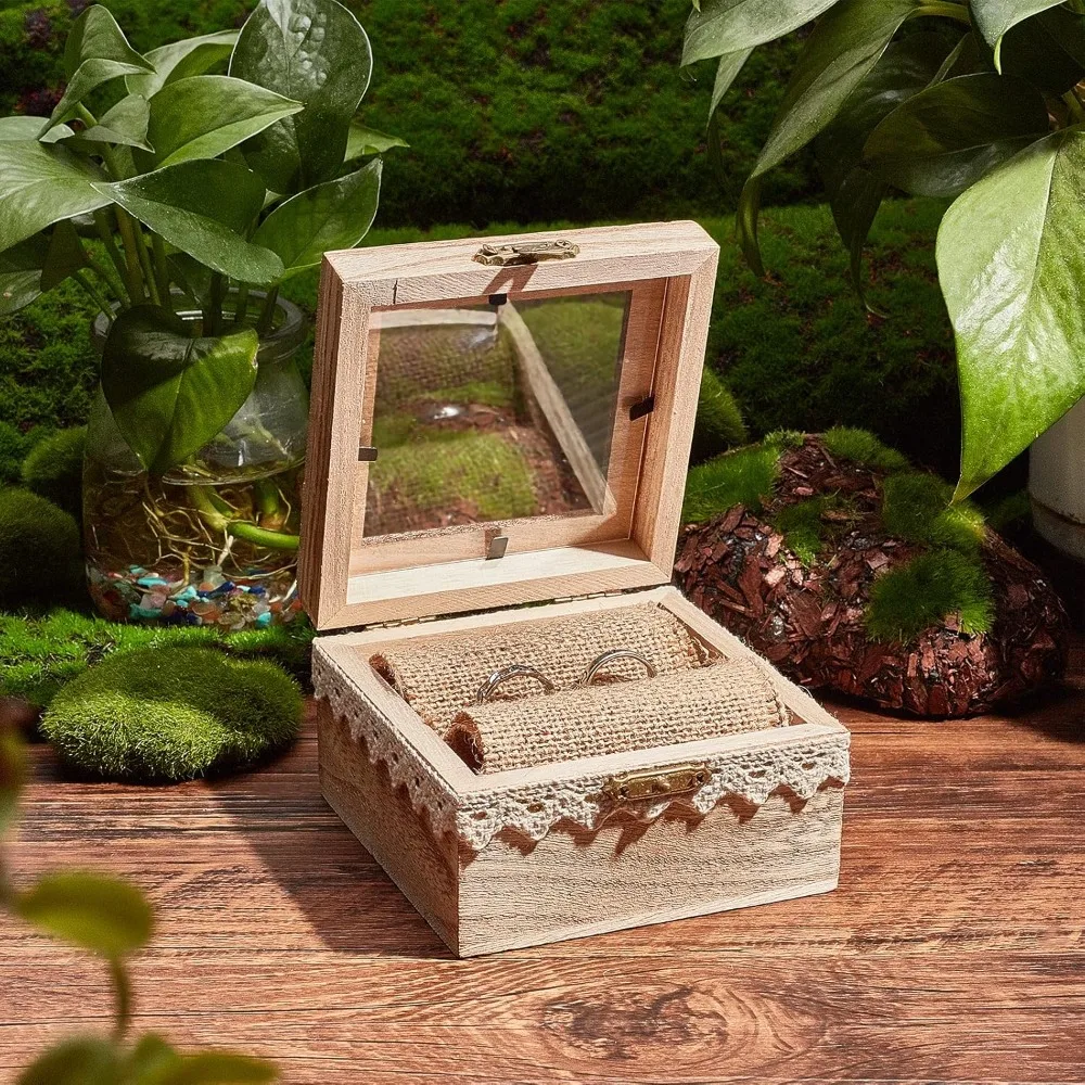 1 pcs Ring Box Wooden Bearer Box Personalized Holder Vintage Double Display Organizer Rustic Jewelry Boxes