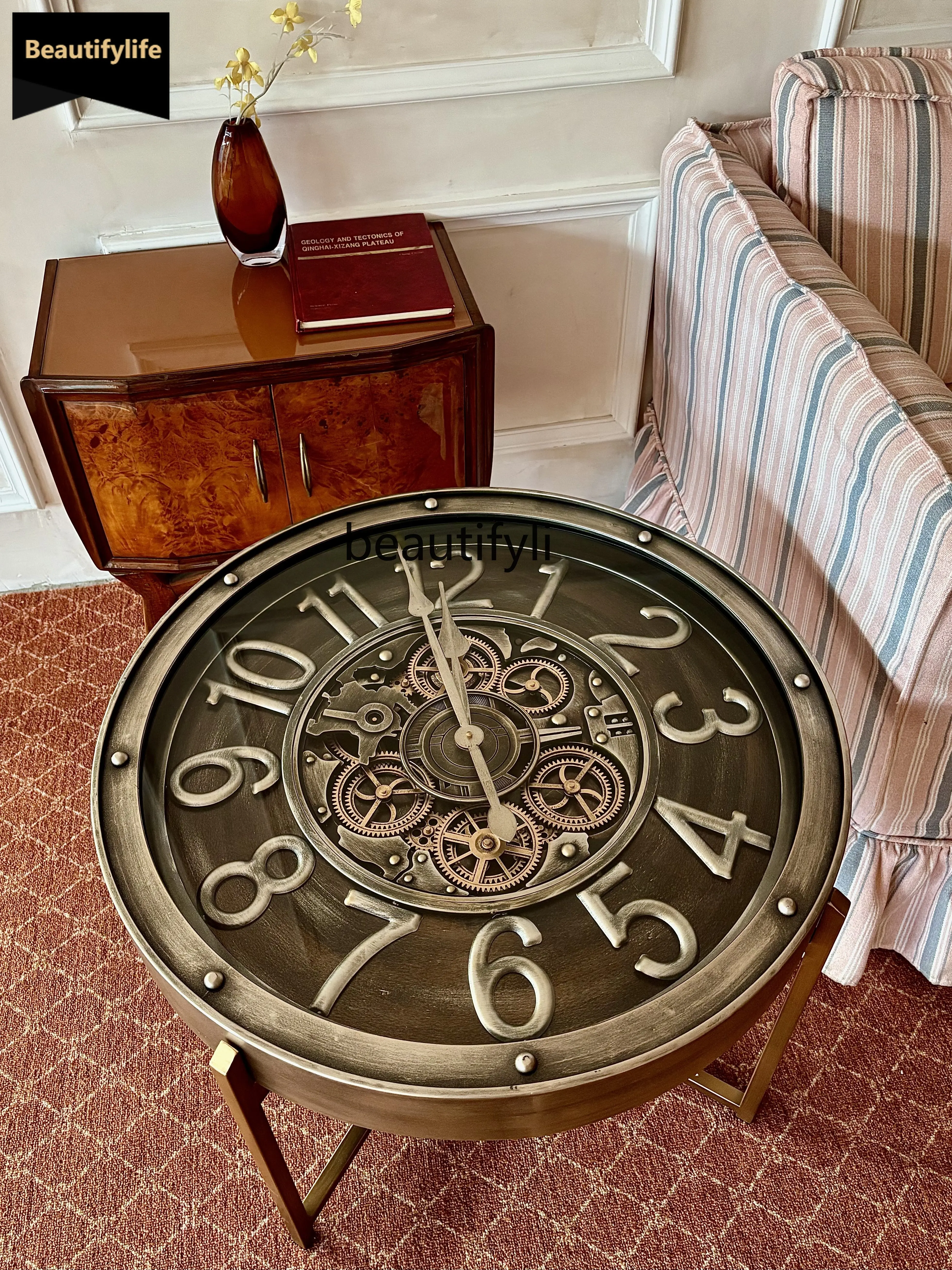 

Vintage High-End Light Luxury Design American Clock Gear Living Room Sofa Side Table Small Coffee Table