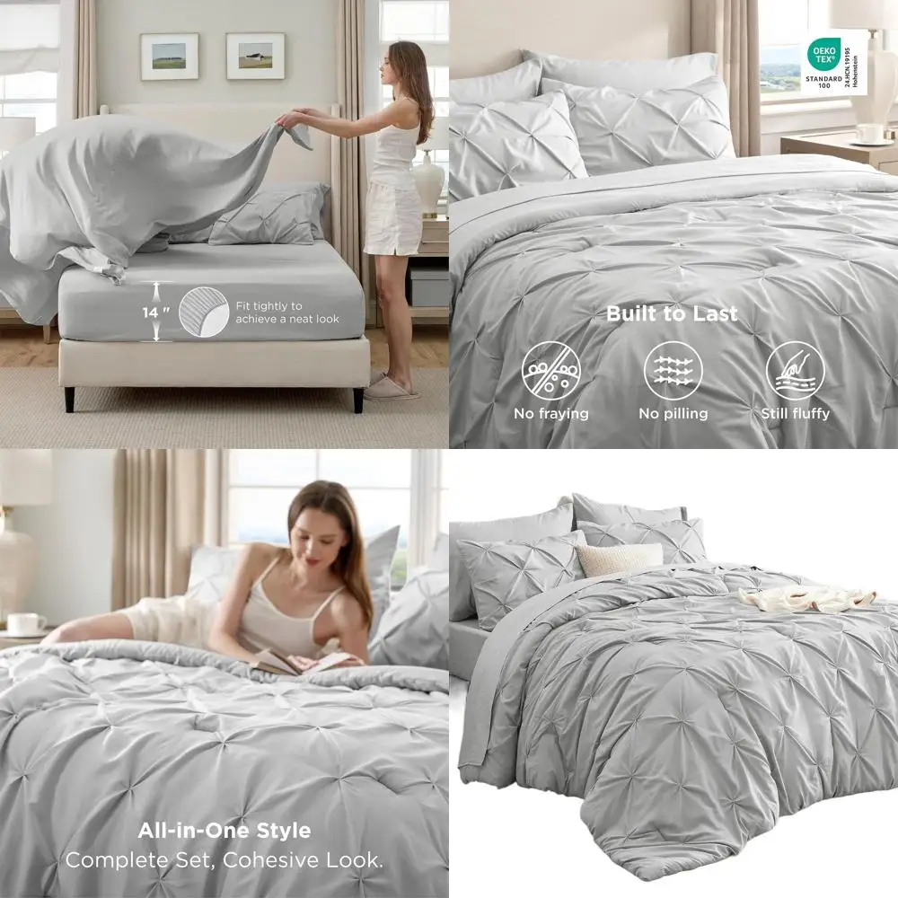 

Светло-серый комплект постельного белья размера Queen из 7 предметов: стеганое одеяло, простыни, наволочки и декоративные наволочки для всей семьи