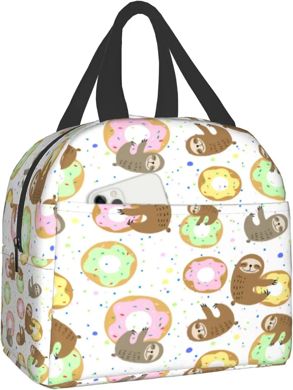 Cute Sweet Donuts Sloth Waterproof Insulated Lunch Bag Fashionable Anime Durable Tote Bag with Pocket and Zipper for Scho