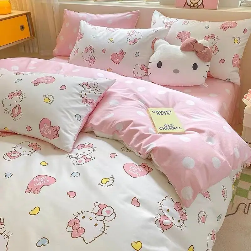 Hello Kitty Bedding Set Sanrio Kawaii Anime Set di quattro pezzi Cartoon Cute Bed Sheet copripiumino federa regali giocattoli per ragazze