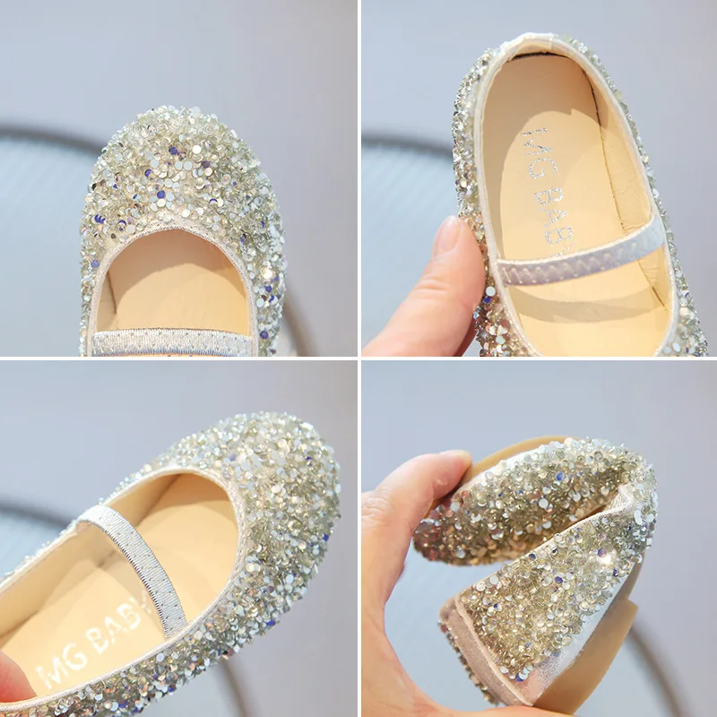 Moda princesa apartamentos sapatos de couro das crianças 2025 primavera outono único sapatos da menina caminhada mostrar lantejoulas cristal sapato do bebê