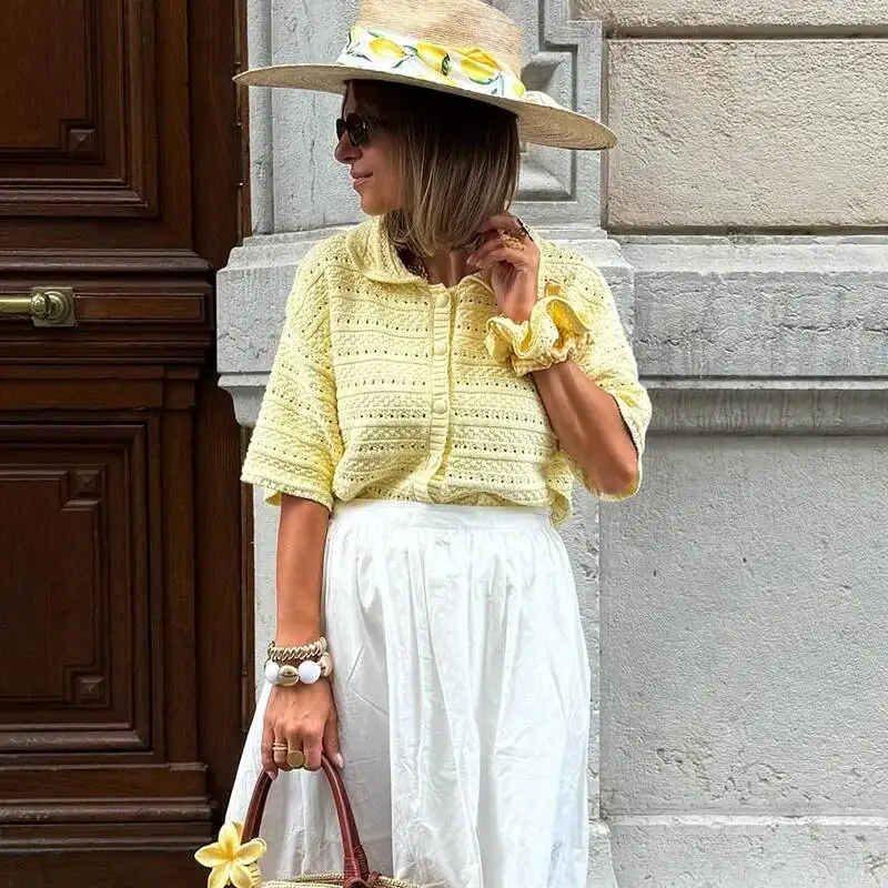 

Пляжные трикотажные комплекты с вырезами, комплект из 2 предметов, женские однобортные рубашки с лацканами и половиной рукава, шорты, лето 2021, желтые наряды